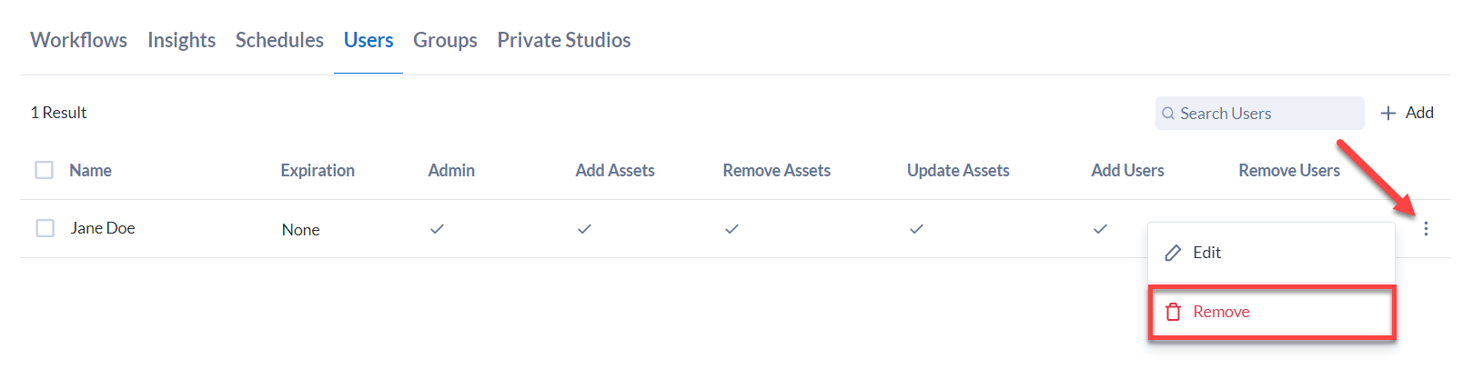 Select Remove in the 3-dot menu to remove a user or group from the Collection.