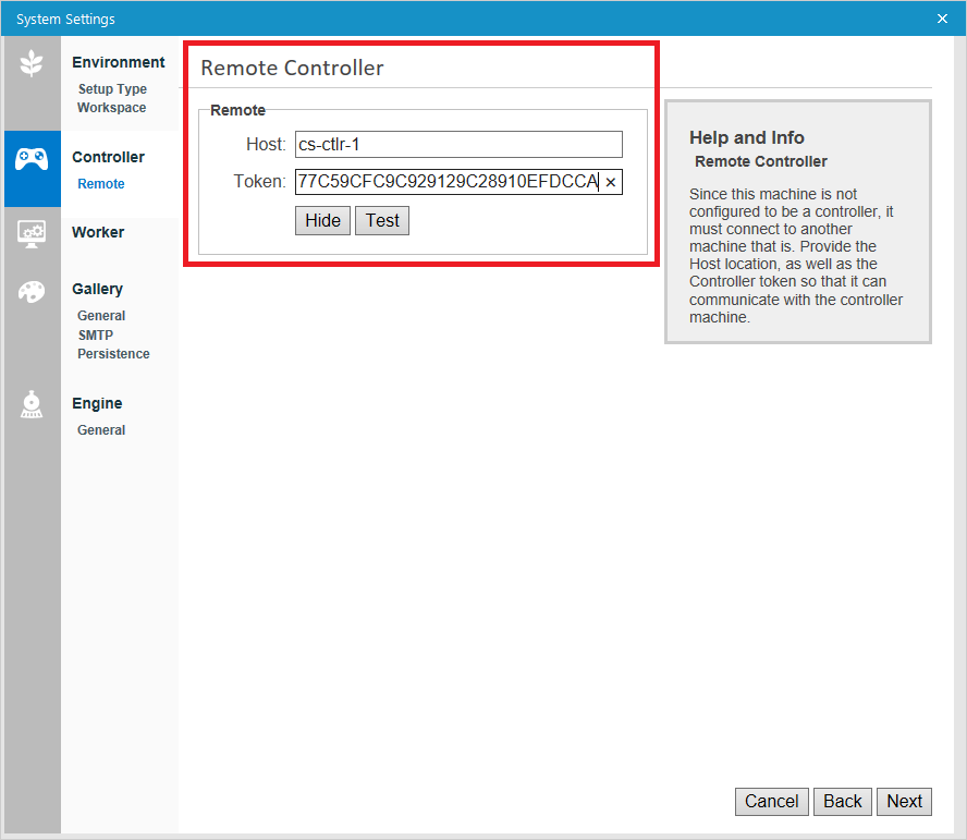 On the Remote Controller screen, enter the DNS host name that was created in step 7 of the Add a Cluster Role section and the Controller Token obtained in step 3 of the Primary Controller Configuration section of these instructions.