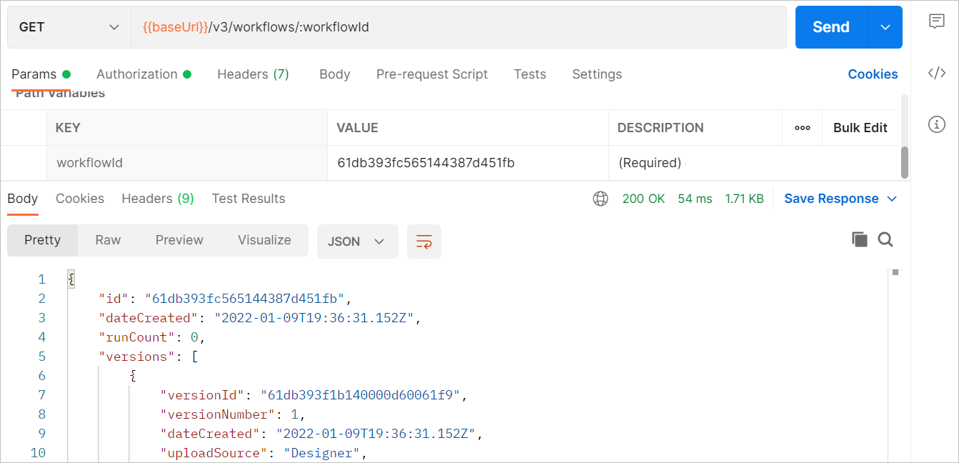 Use GET /v3/workflows/{workflowId} endpoint.