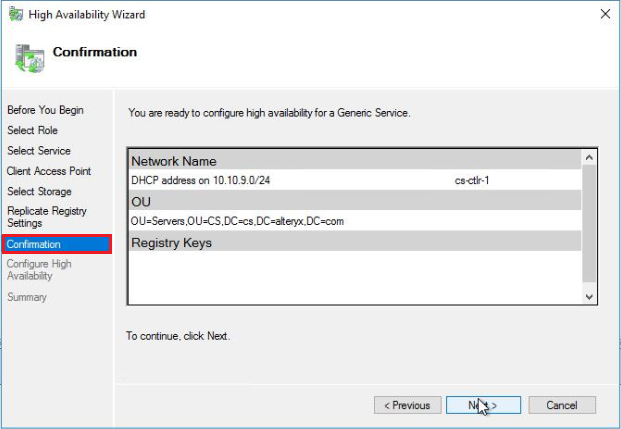 On the Confirmation screen, verify the settings and select Next.
