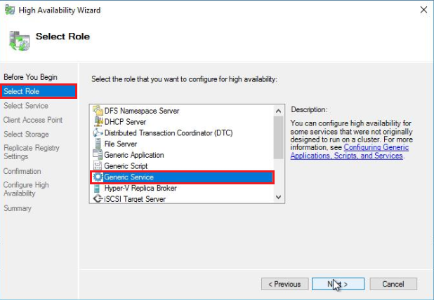 On the Select Role screen, highlight the Generic Service role and select Next.