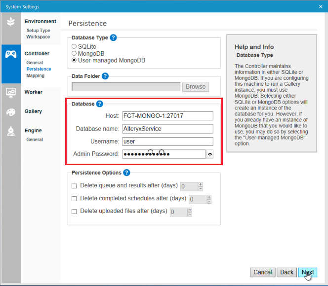 In the Controller Persistence Database section enter the Host, Database name, Username and Admin Password.