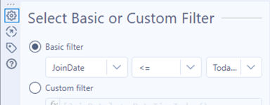 Screenshot of a Basic filter with the condition JoinDate is less than or equal to todaye.